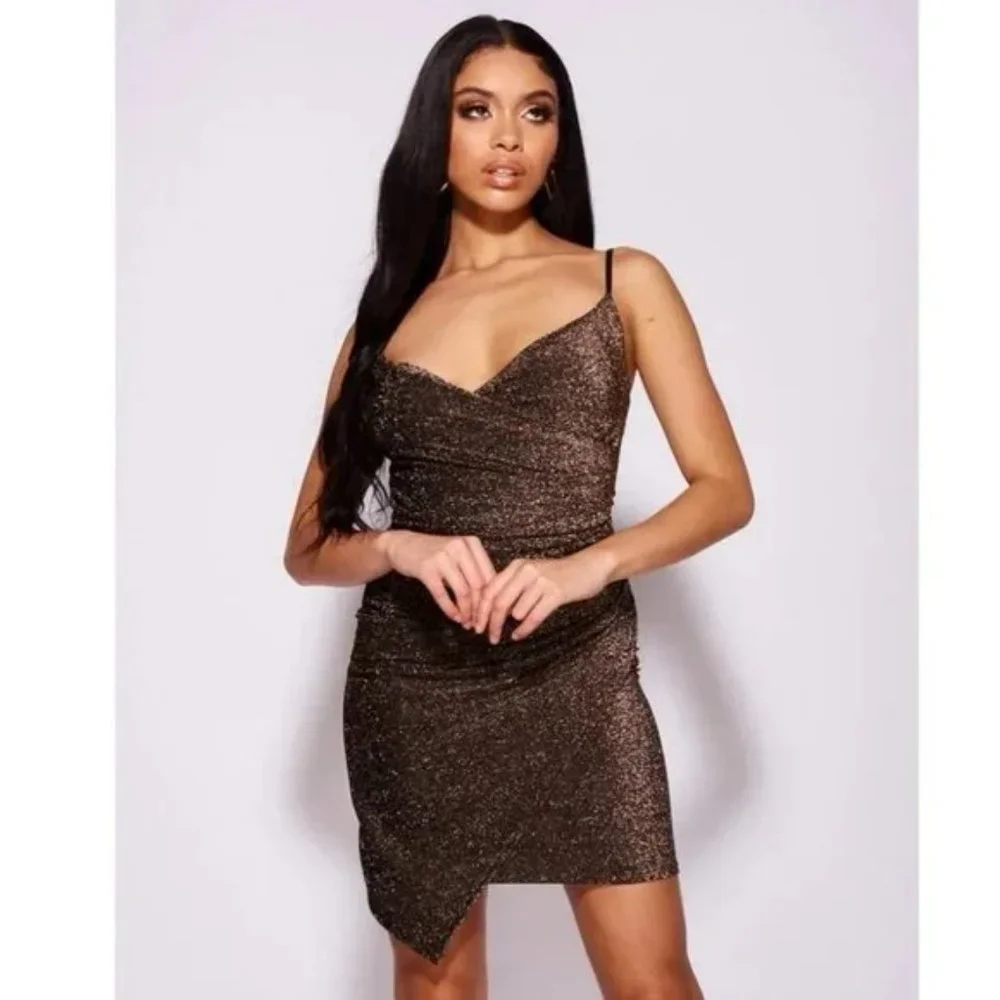 Metallic Glitter Sleeveless V-Neck Ruched Wrap Bodycon Mini Dress - Picture 8 of 13